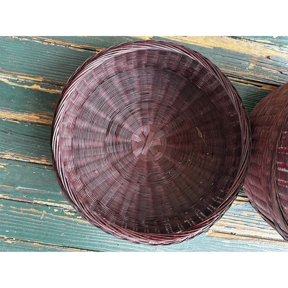 Vintage Asian Tiered Wedding Basket Woven Bamboo Tassel Handle Red Brown 12 Inch